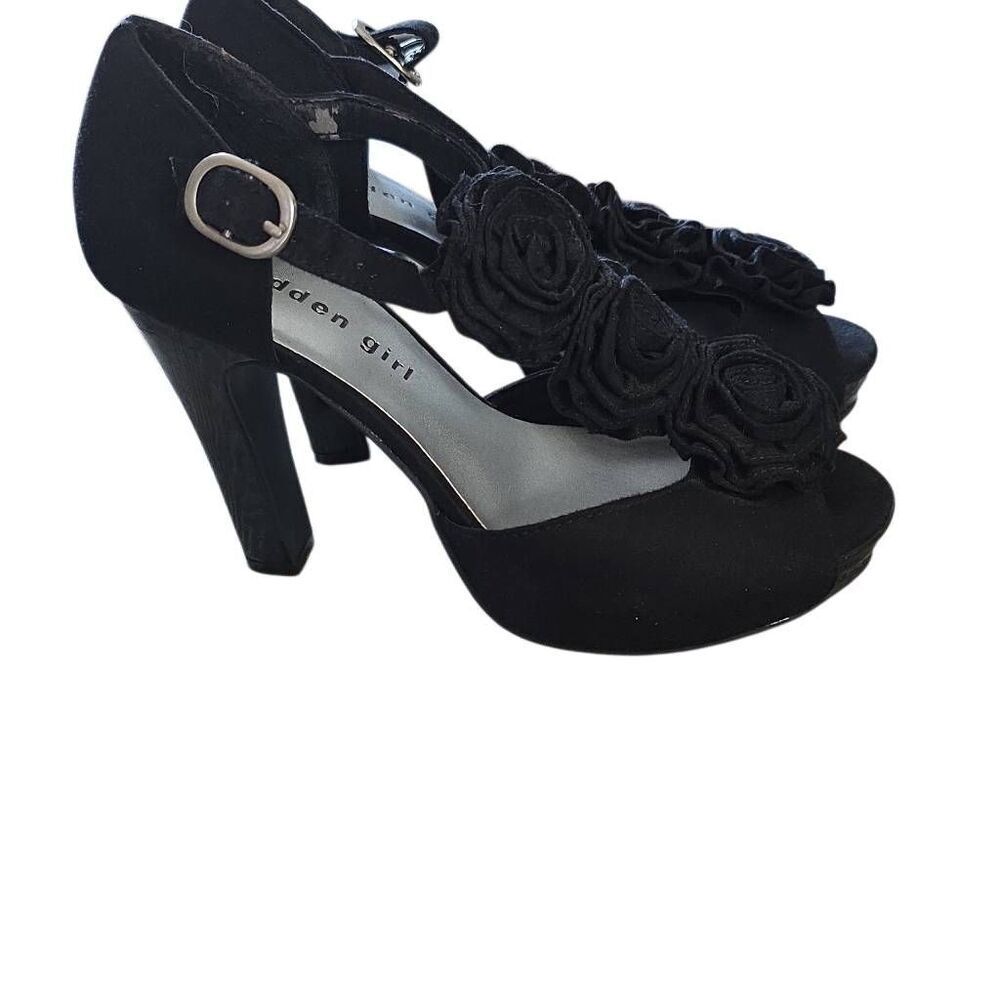 Madden Girl Women's Size 6 Black Microsuede Rose T-strap High Heels